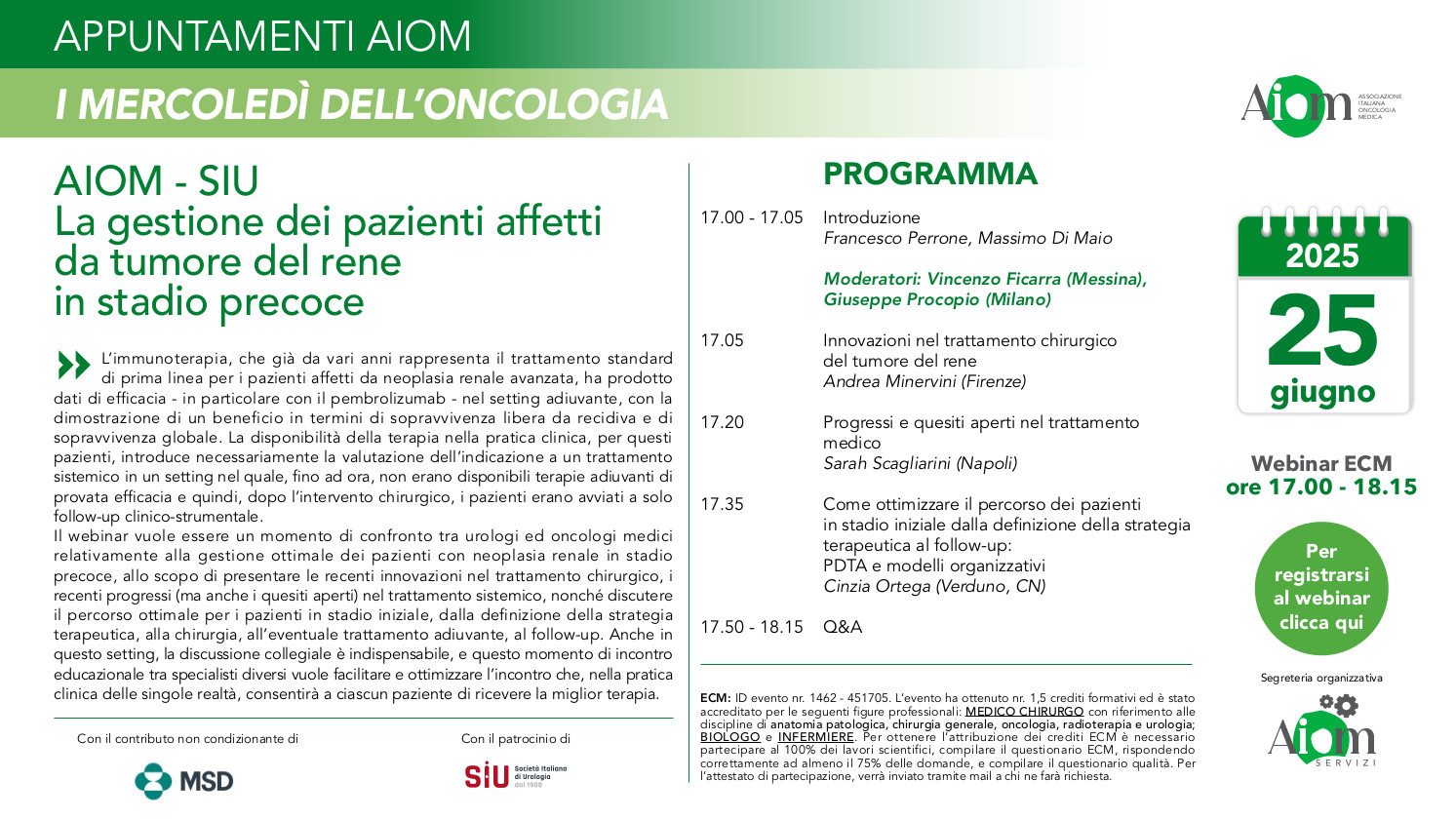 AIOM – SIU: La gestione dei pazienti affetti da tumore del rene in stadio precoce