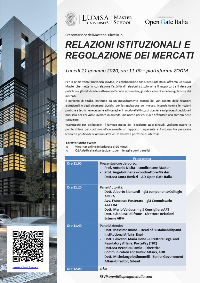 Presentazione del Master "Relazioni Istituzionali e Regolazione dei Mercati"
