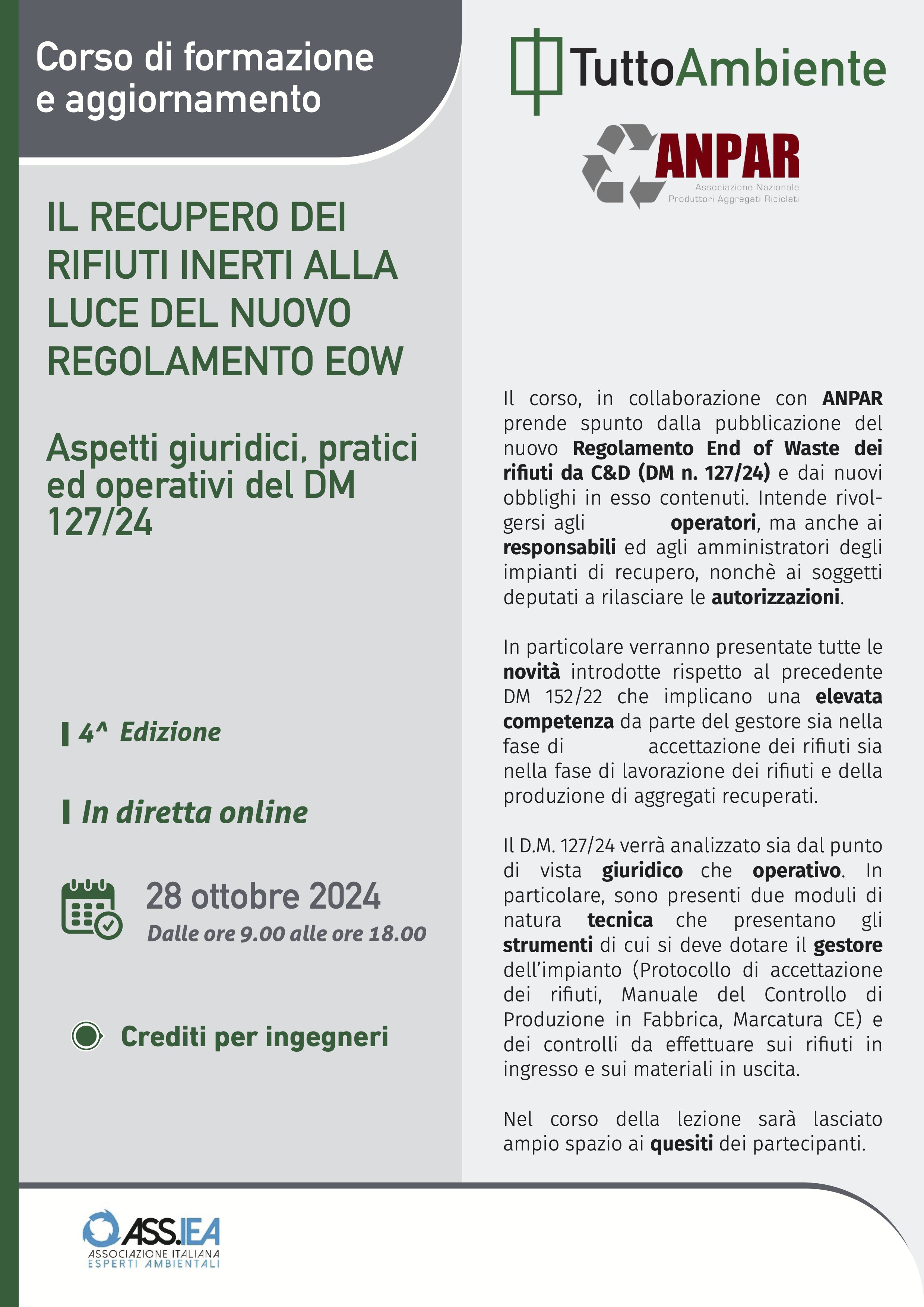 Il recupero dei rifiuti inerti alla luce del nuovo regolamento eow. Aspetti giuridici, pratici ed operativi del DM 127/24