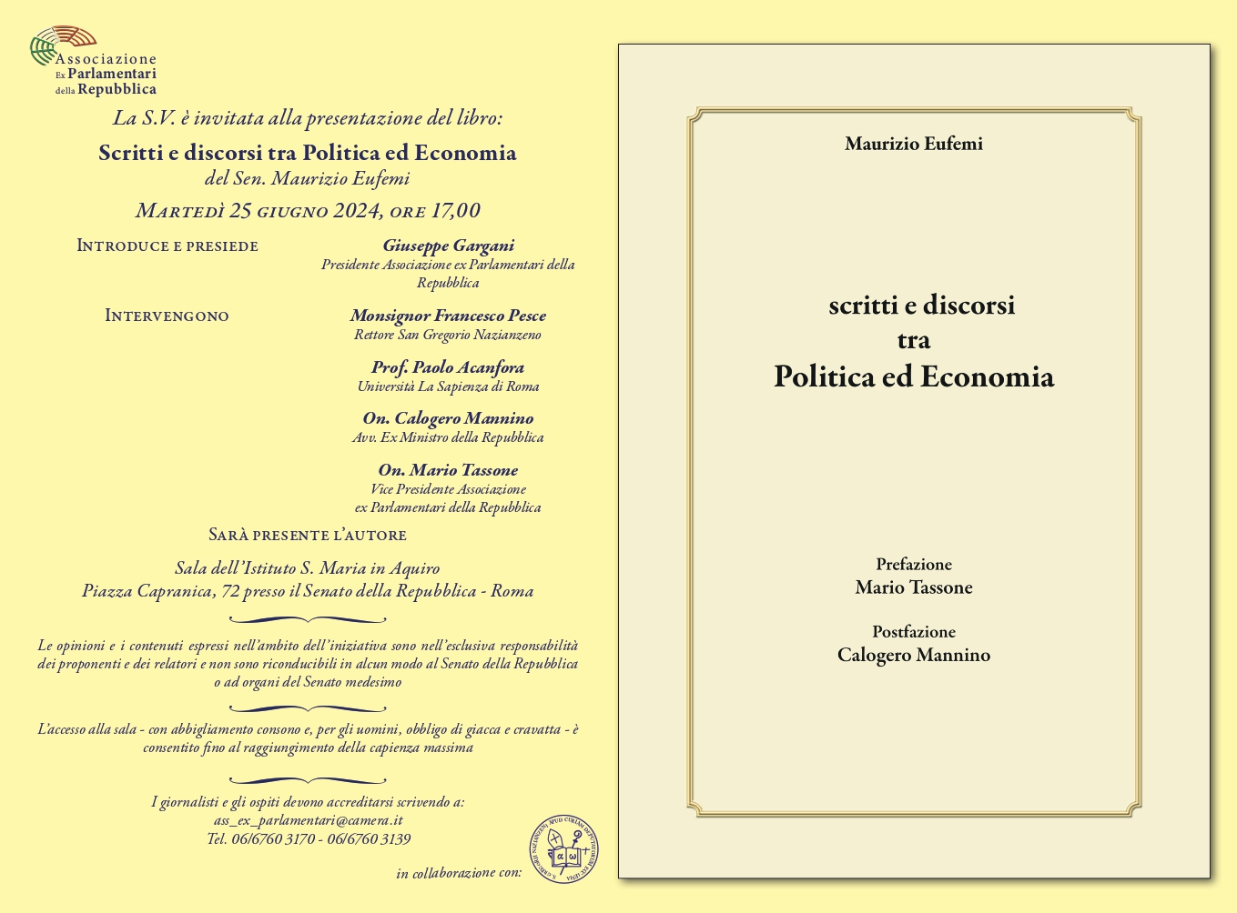 Presentazione del libro: “Scritti e discorsi tra politica ed economia”