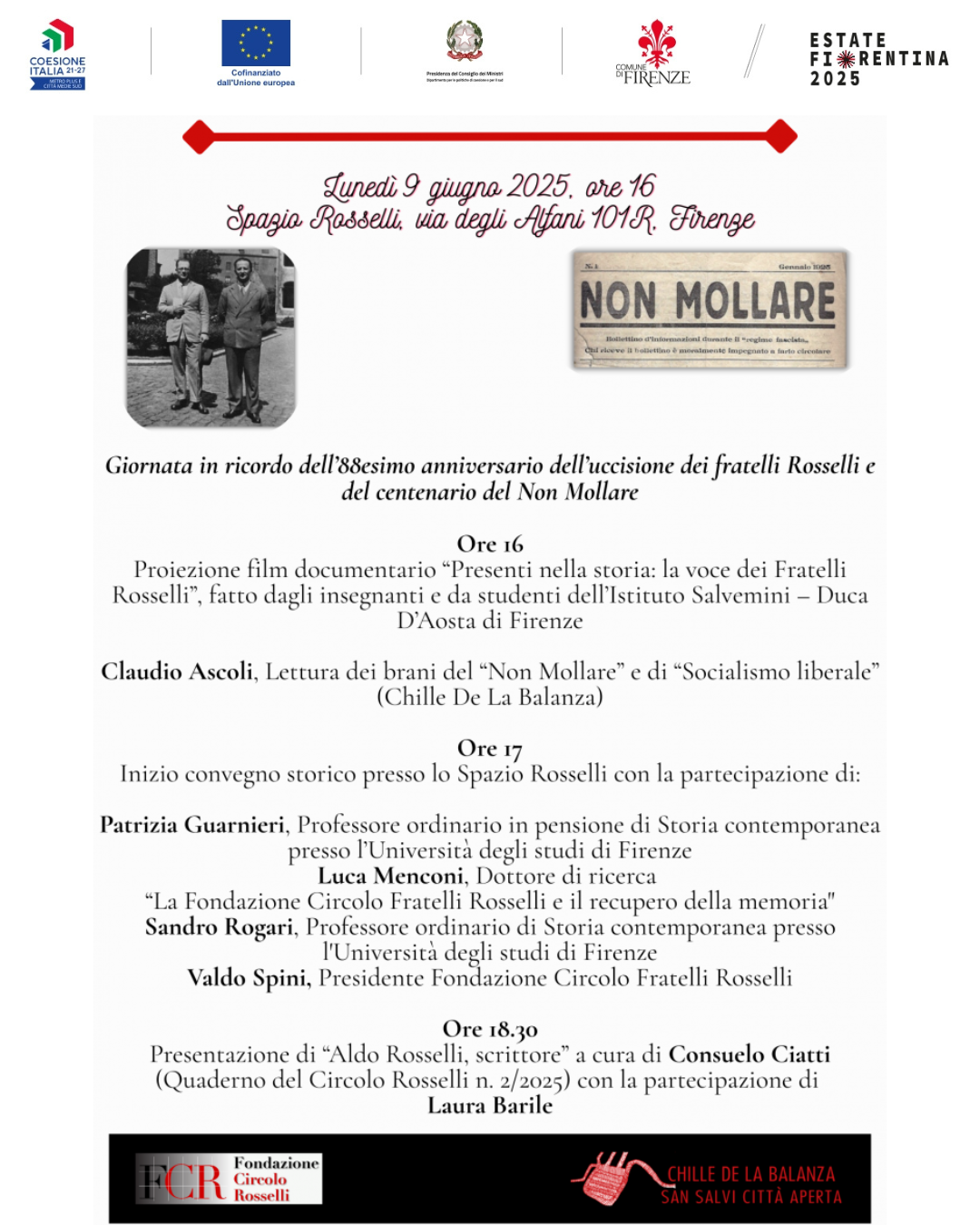 Giornata in ricordo dell’88esimo anniversario dell’uccisione dei fratelli Rosselli e del centenario del Non Mollare