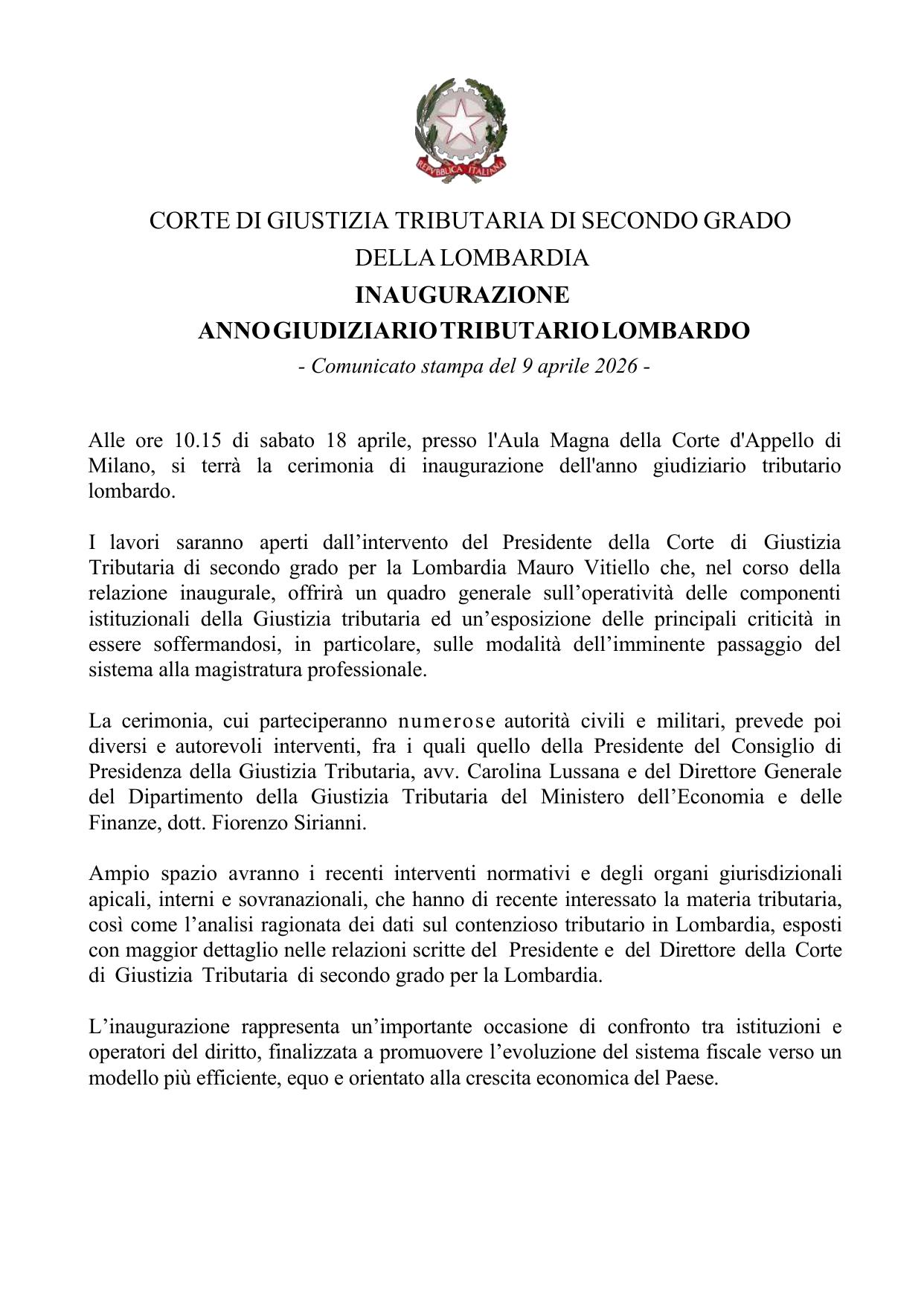 Cerimonia d'inaugurazione dell'Anno giudiziario tributario 2026