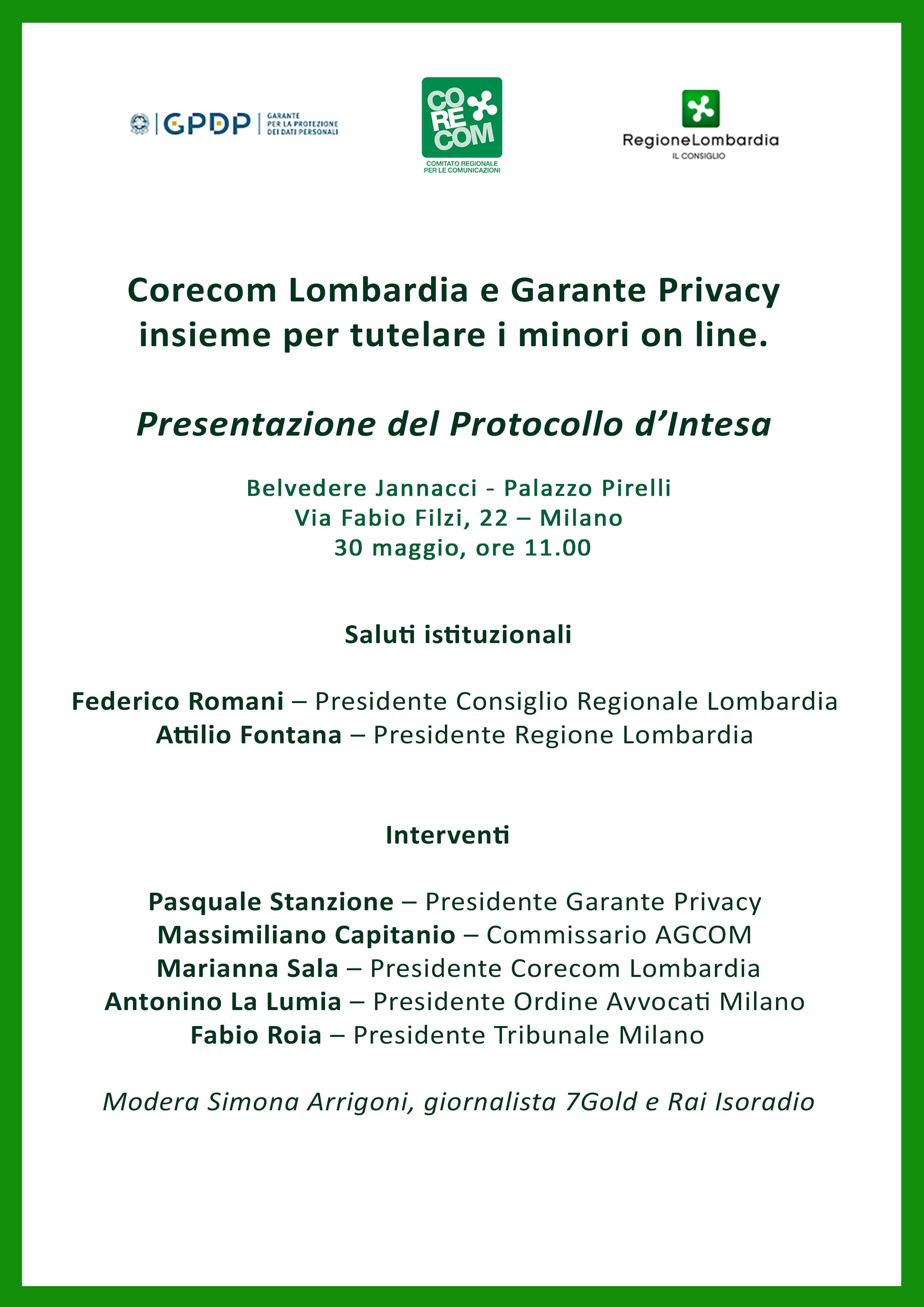 Presentazione del Protocollo d'intesa tra Garante e Corecom Lombardia